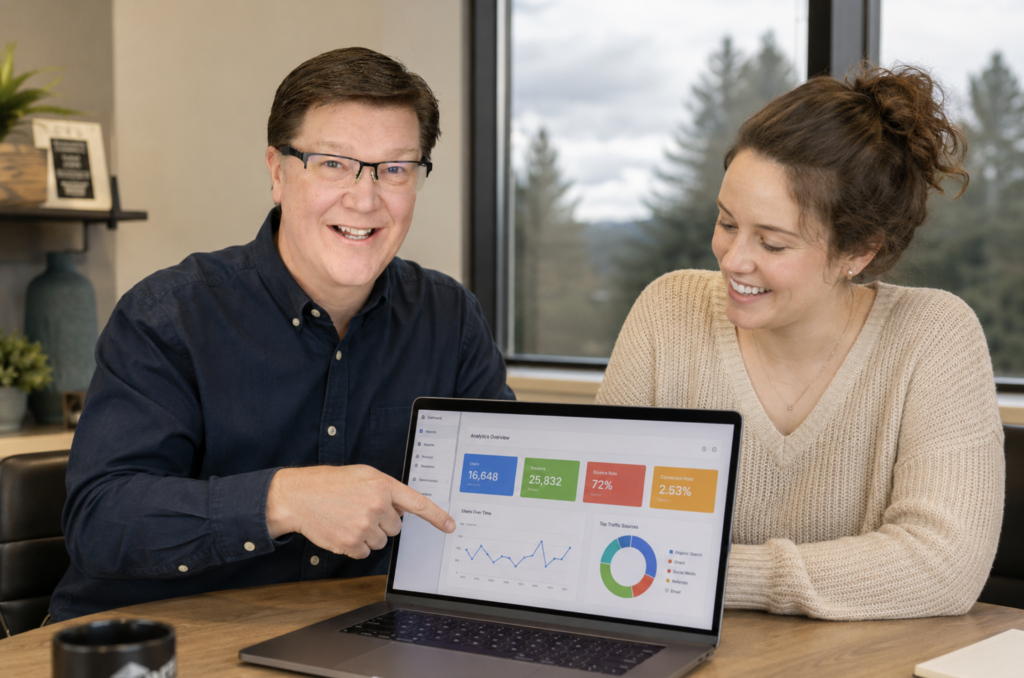 Jerry Dreessen, digital marketing consultant at Who Is Your Web Guy, reviewing website analytics with a small business owner at his office in the Pacific Northwest